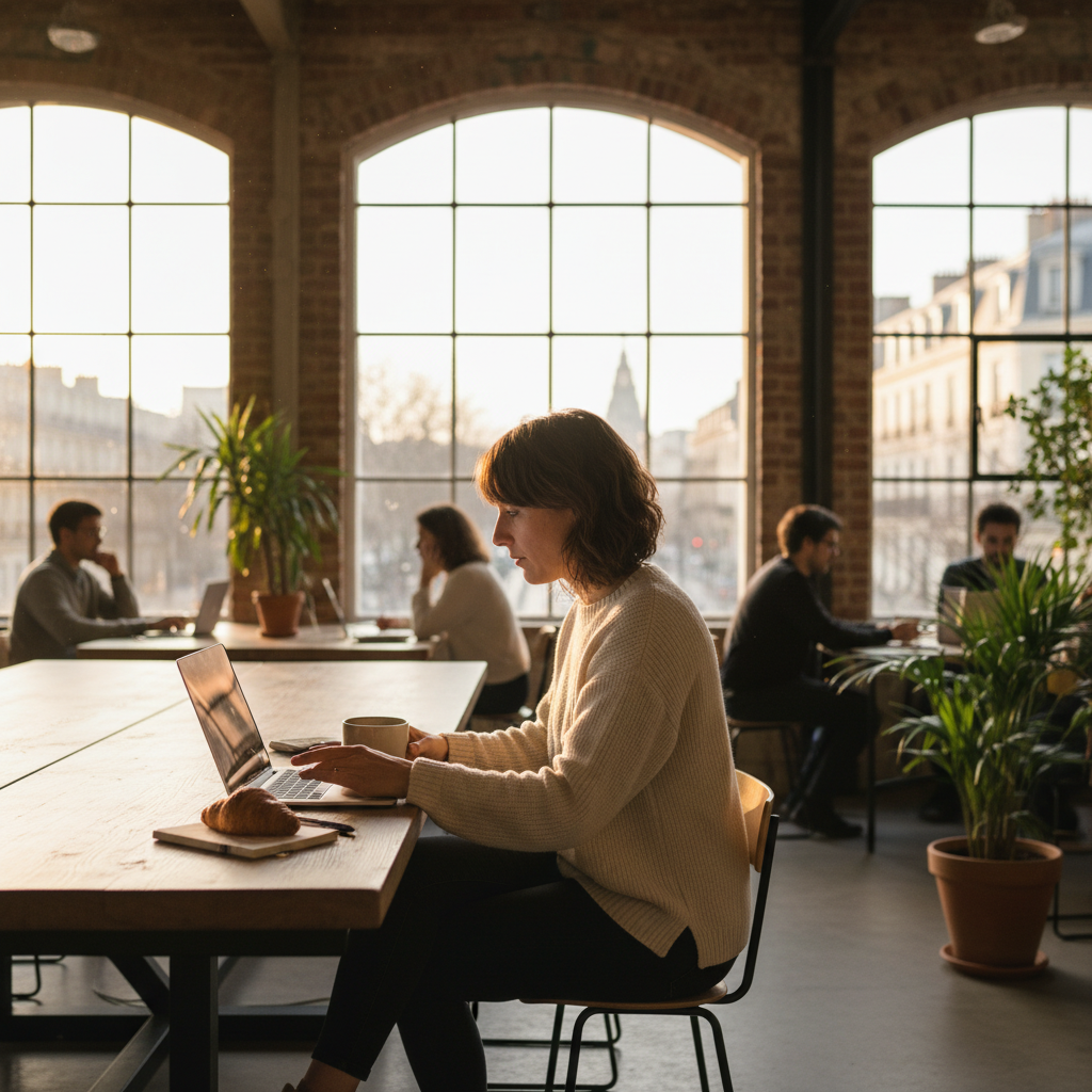 Consultant freelance travaillant dans un espace de coworking lumineux en France