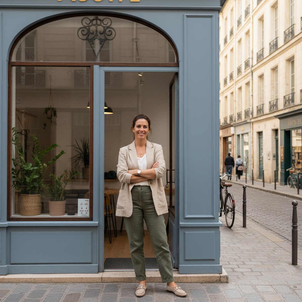 Professionnelle indépendante devant son cabinet en France