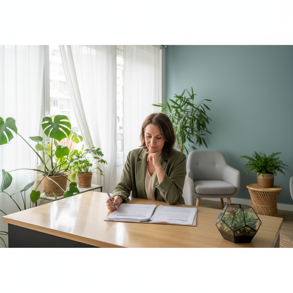 Thérapeute consultant ses documents d'assurance dans son cabinet