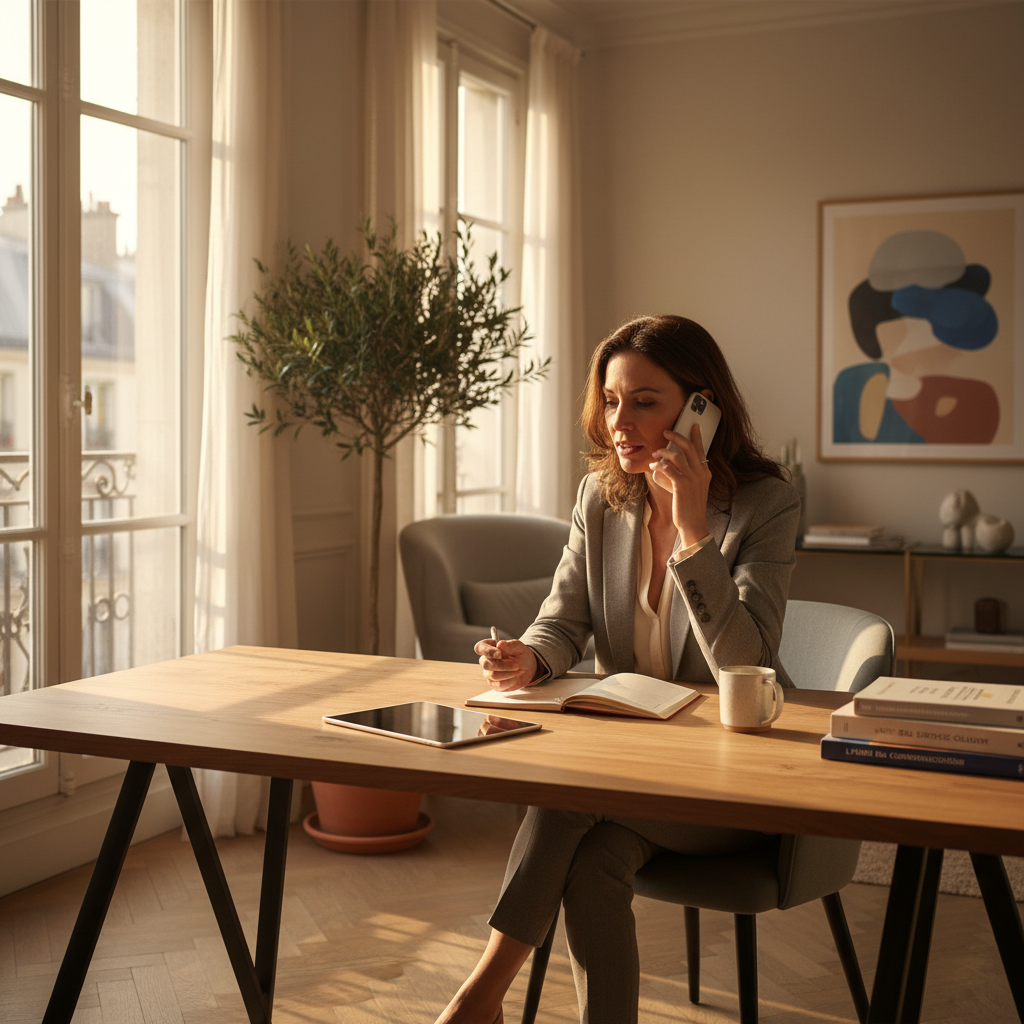 Professionnel contactant son assureur par téléphone depuis son bureau